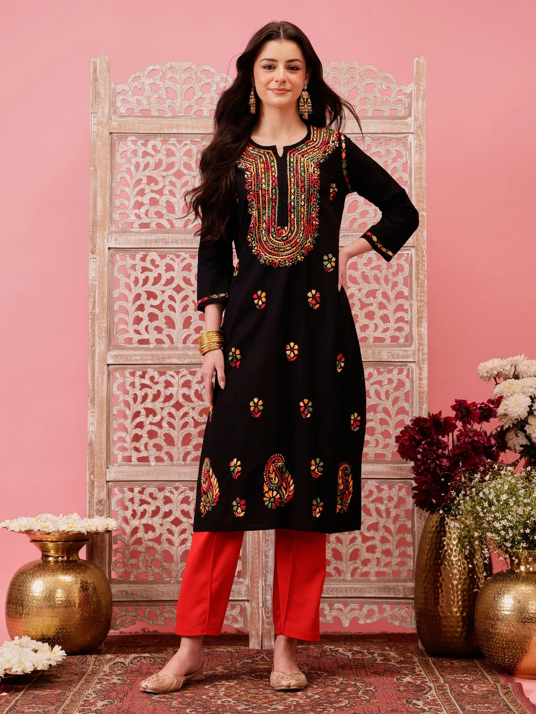 Ada Hand Embroidered Black Cotton Lucknowi Chikankari Straight Kurta A411767