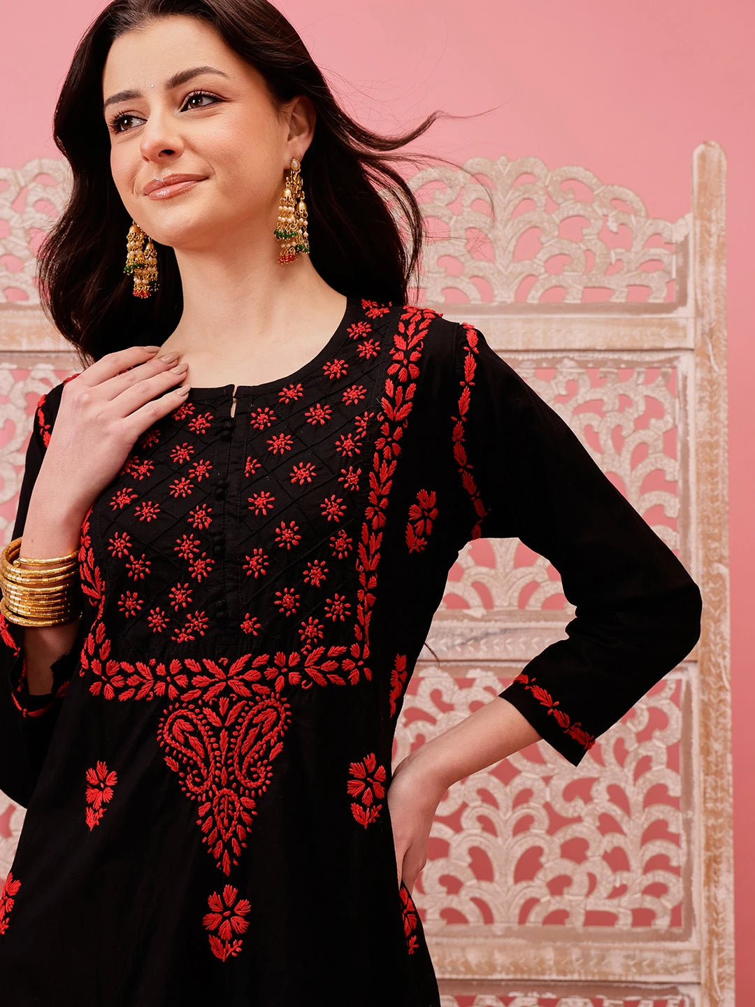 Ada Hand Embroidered Black Cotton Lucknowi Chikankari Straight Kurta A411766