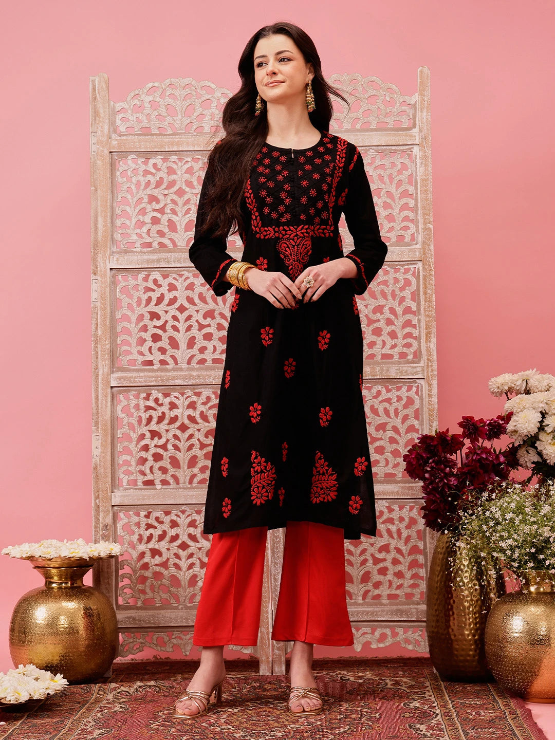Ada Hand Embroidered Black Cotton Lucknowi Chikankari Straight Kurta A411766