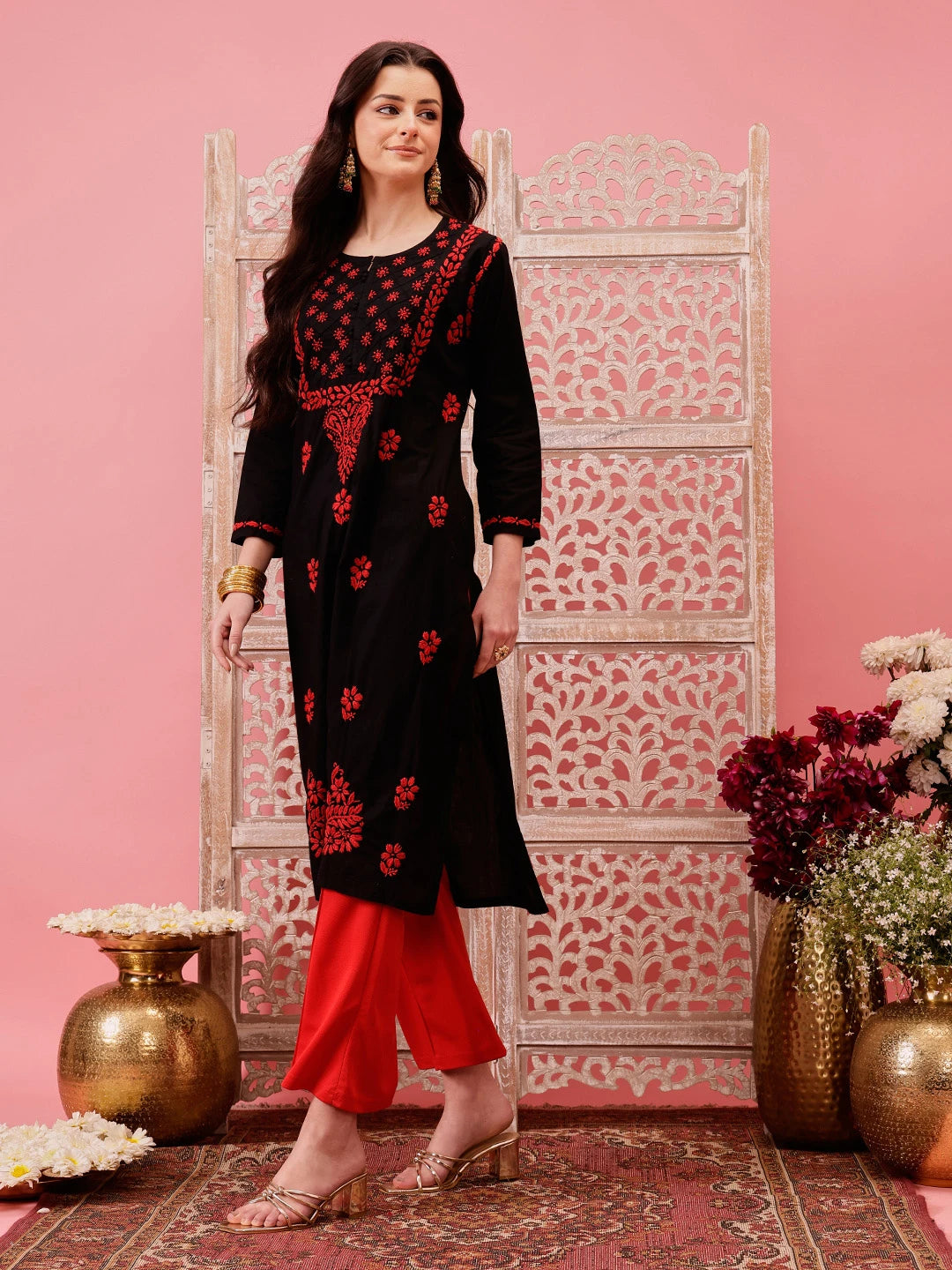 Ada Hand Embroidered Black Cotton Lucknowi Chikankari Straight Kurta A411766