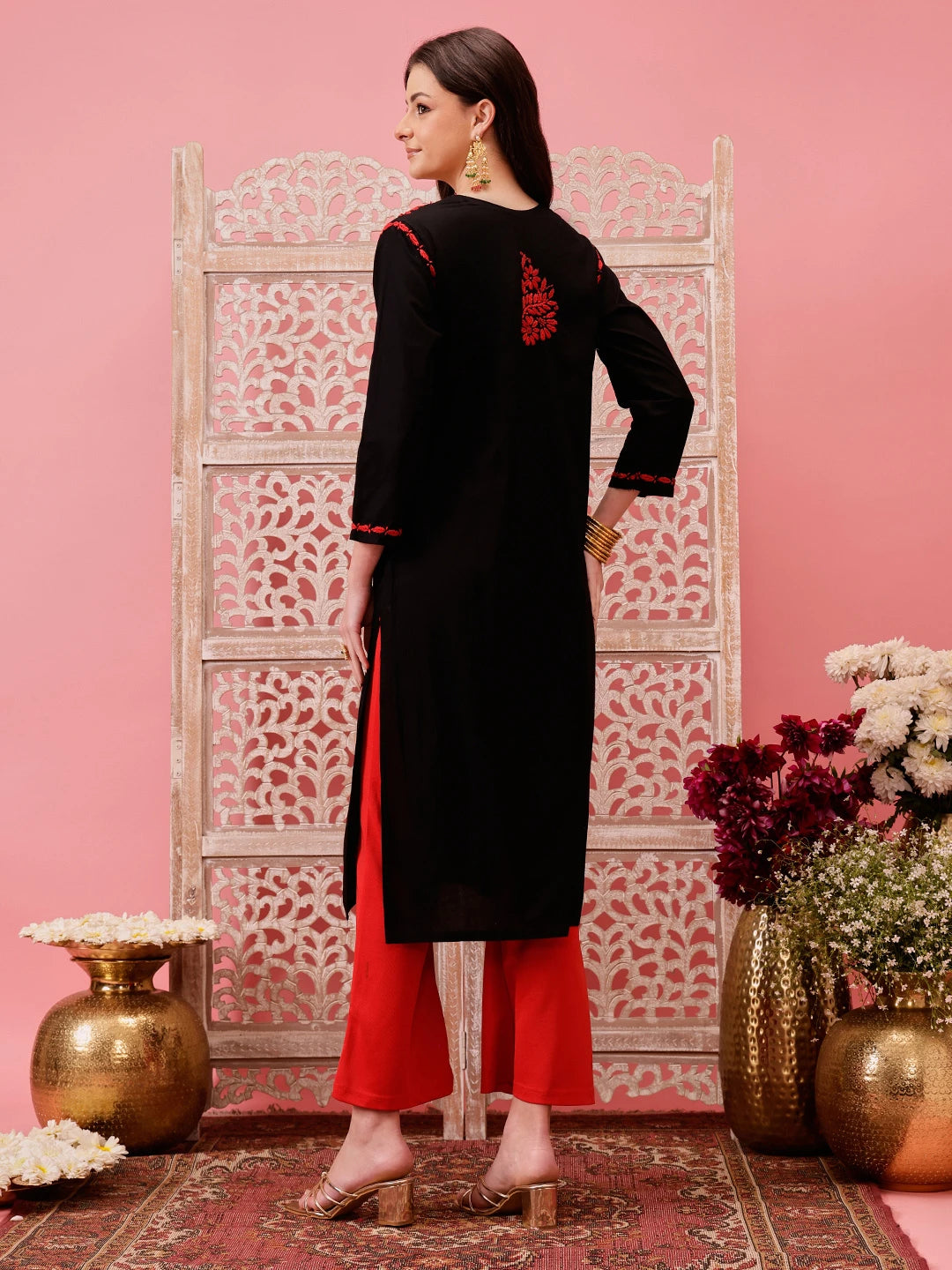 Ada Hand Embroidered Black Cotton Lucknowi Chikankari Straight Kurta A411766