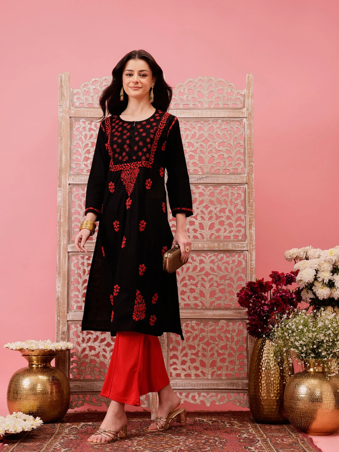 Ada Hand Embroidered Black Cotton Lucknowi Chikankari Straight Kurta A411766