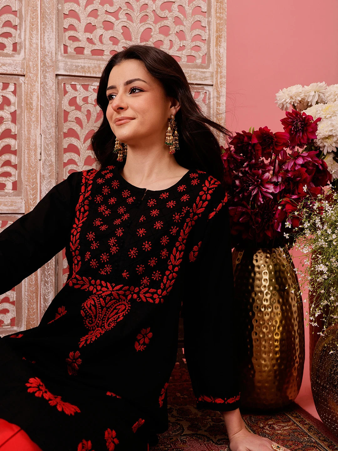 Ada Hand Embroidered Black Cotton Lucknowi Chikankari Straight Kurta A411766