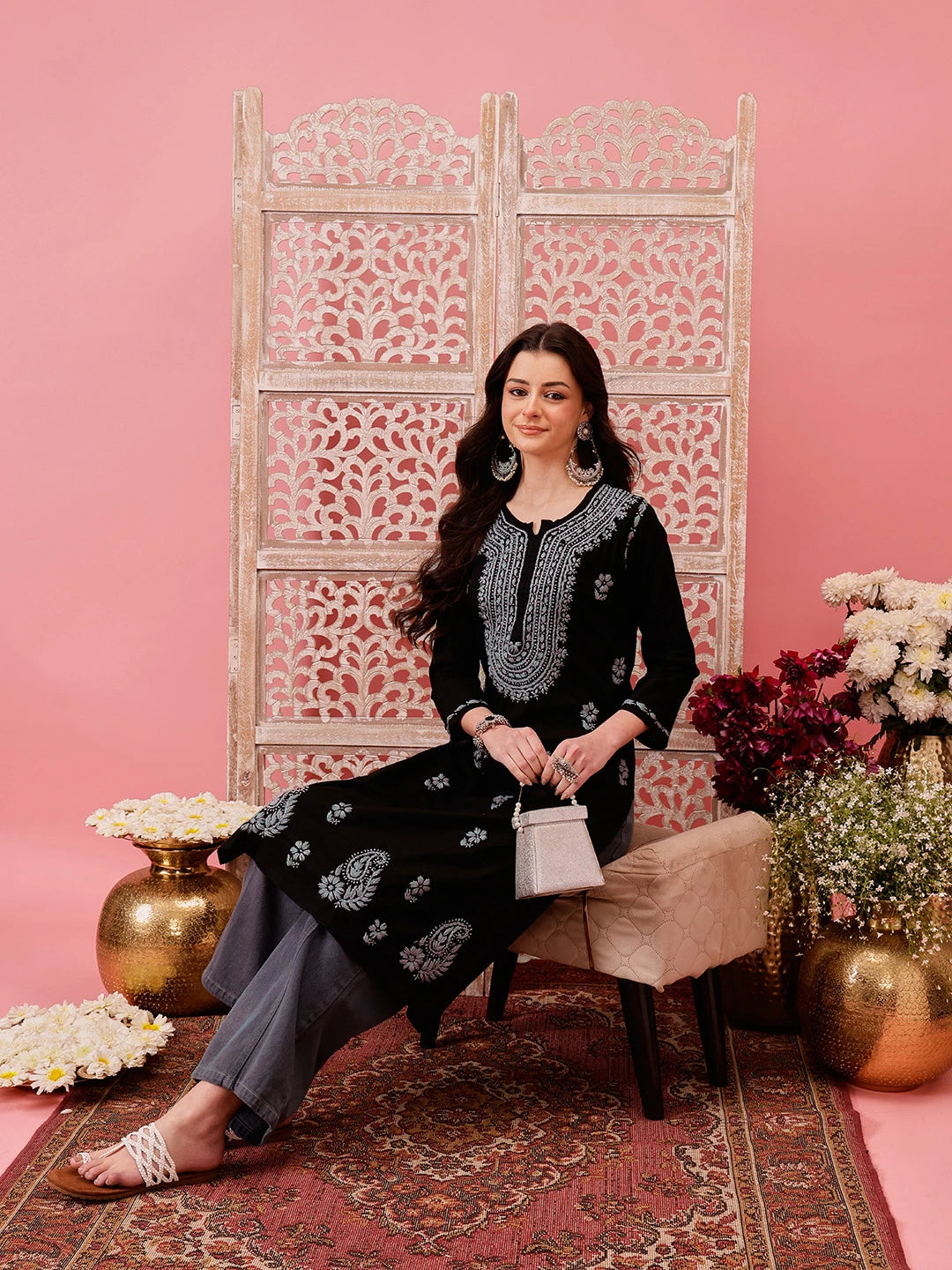 Ada Hand Embroidered Black Cotton Lucknowi Chikankari Straight Kurta A411765