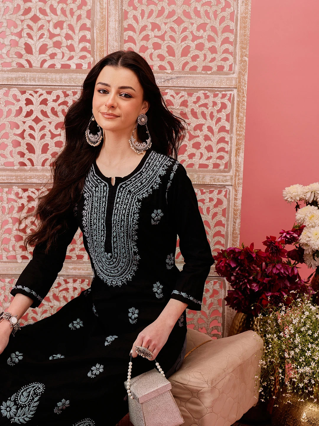 Ada Hand Embroidered Black Cotton Lucknowi Chikankari Straight Kurta A411765