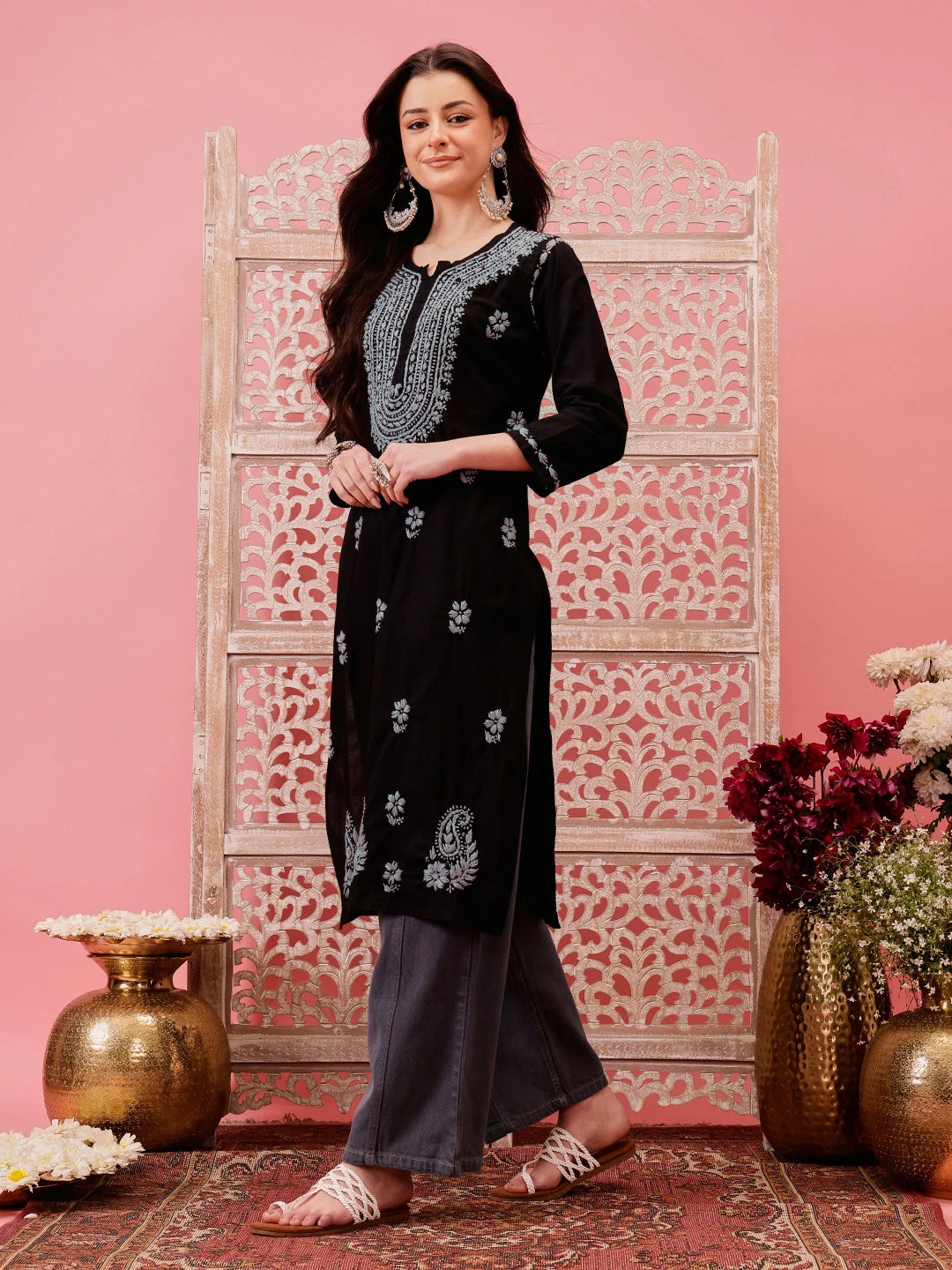 Ada Hand Embroidered Black Cotton Lucknowi Chikankari Straight Kurta A411765