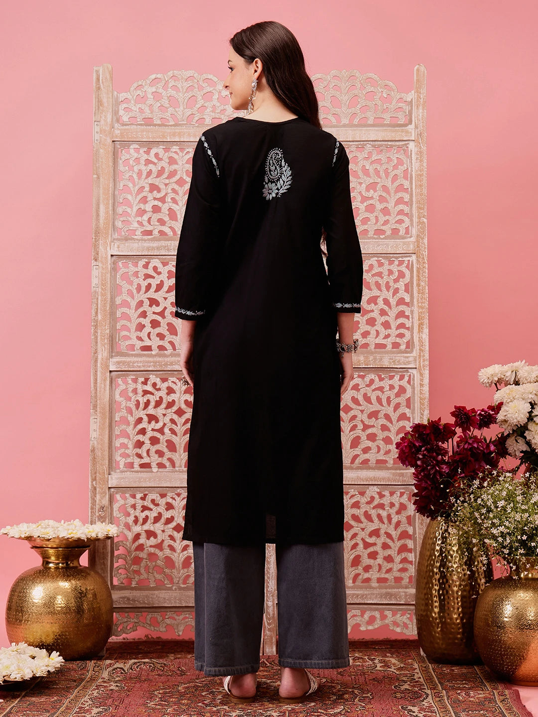 Ada Hand Embroidered Black Cotton Lucknowi Chikankari Straight Kurta A411765