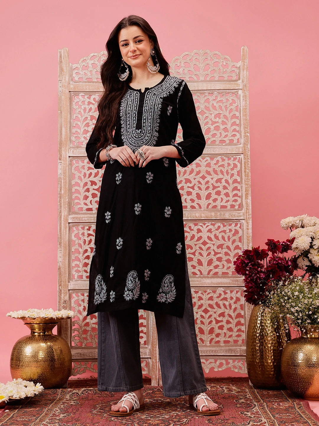 Ada Hand Embroidered Black Cotton Lucknowi Chikankari Straight Kurta A411765