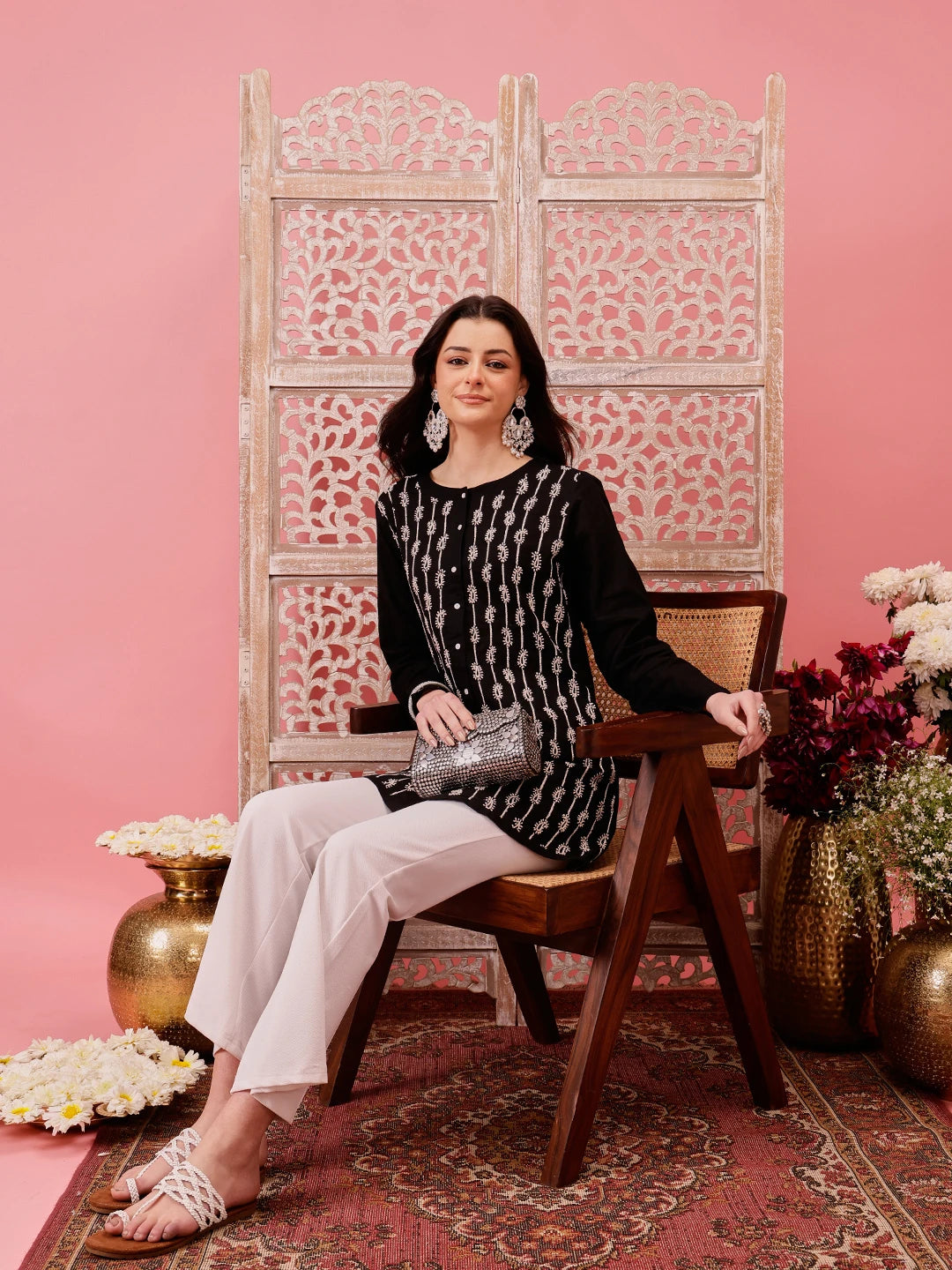 Ada Hand Embroidered Black Pure Cotton Lucknowi Chikankari Straight Shirt A911488
