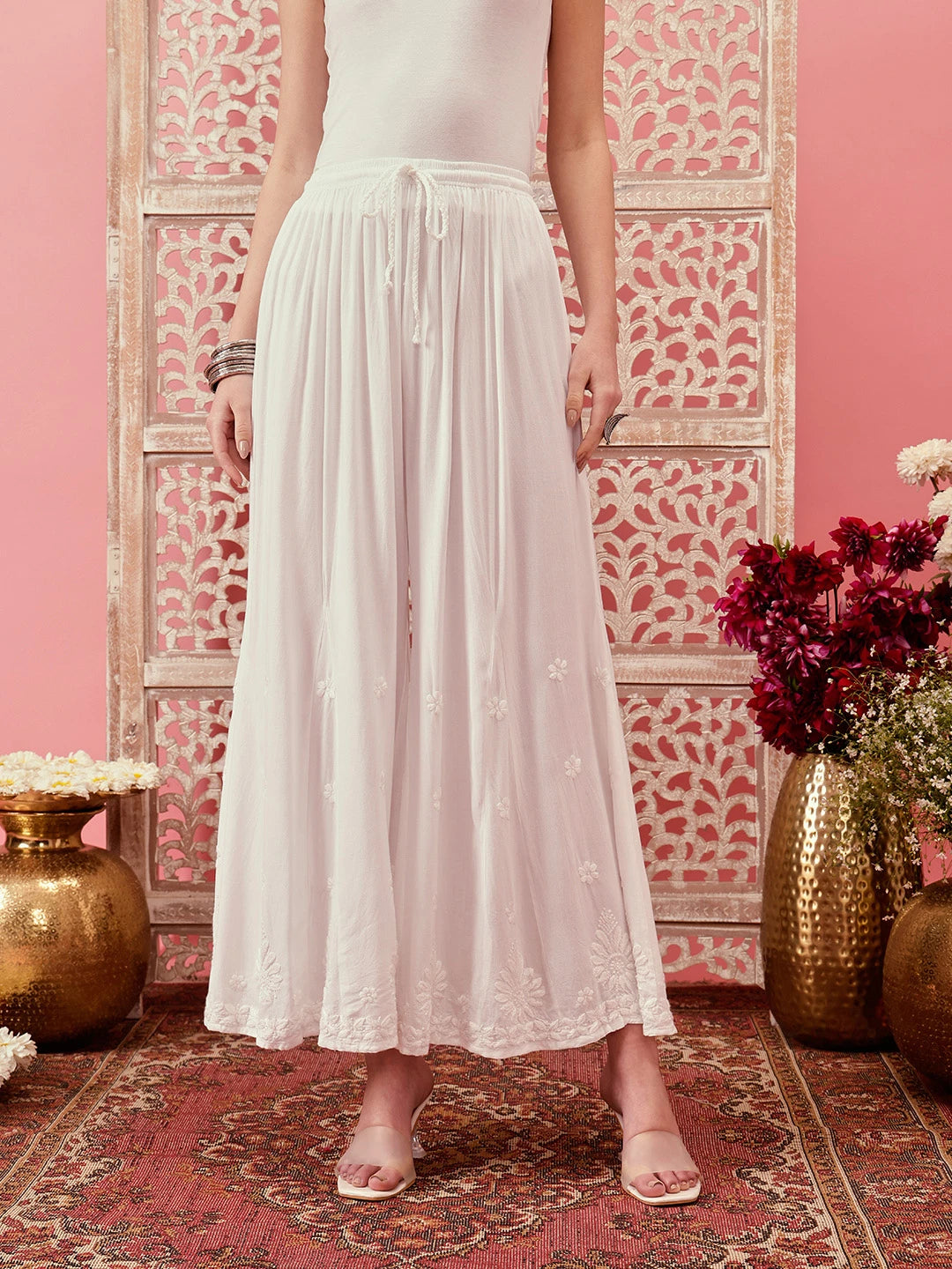 Ada Hand Embroidered White Rayon Lucknowi Chikankari Palazzo A711195