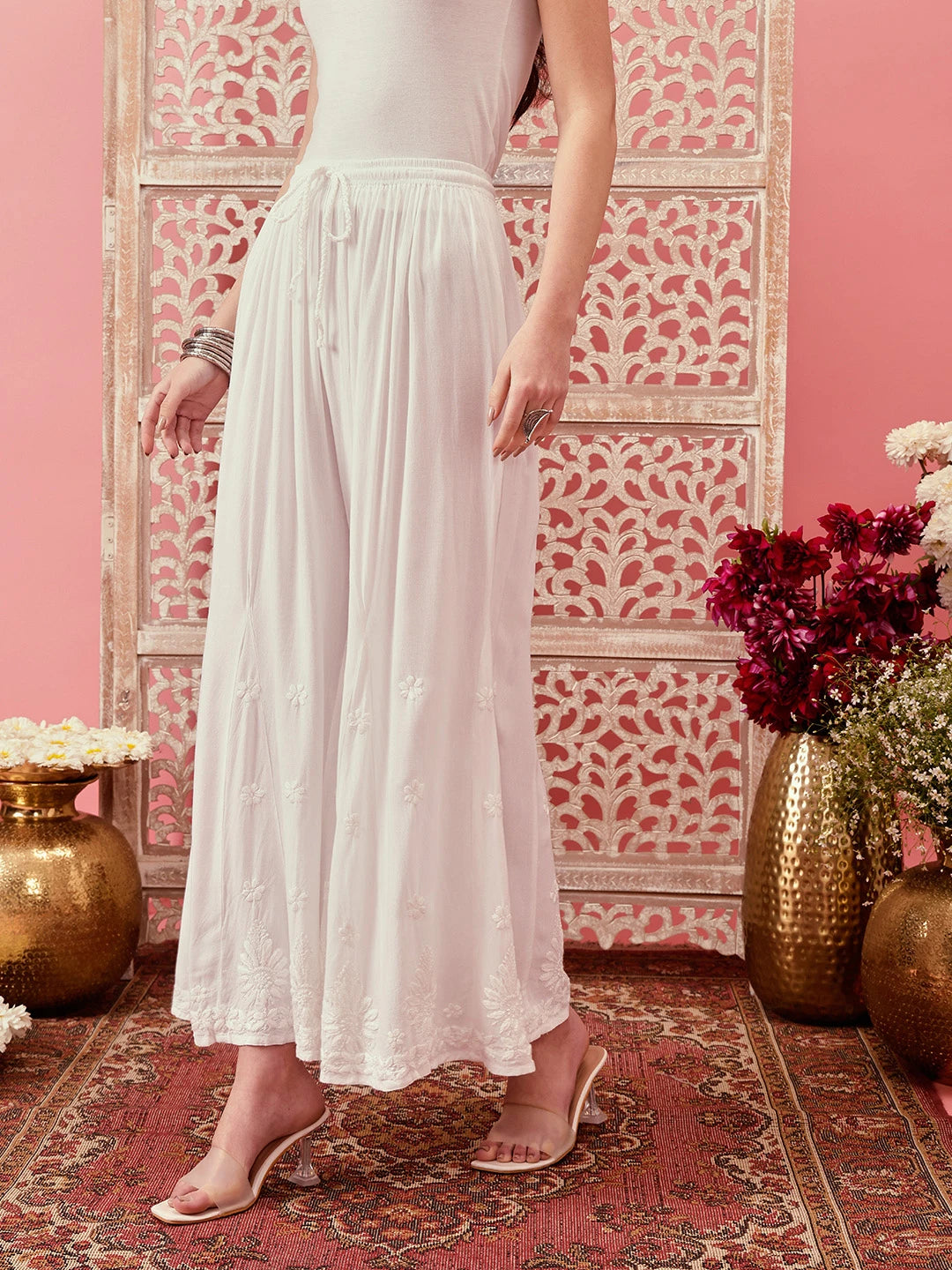 Ada Hand Embroidered White Rayon Lucknowi Chikankari Palazzo A711195