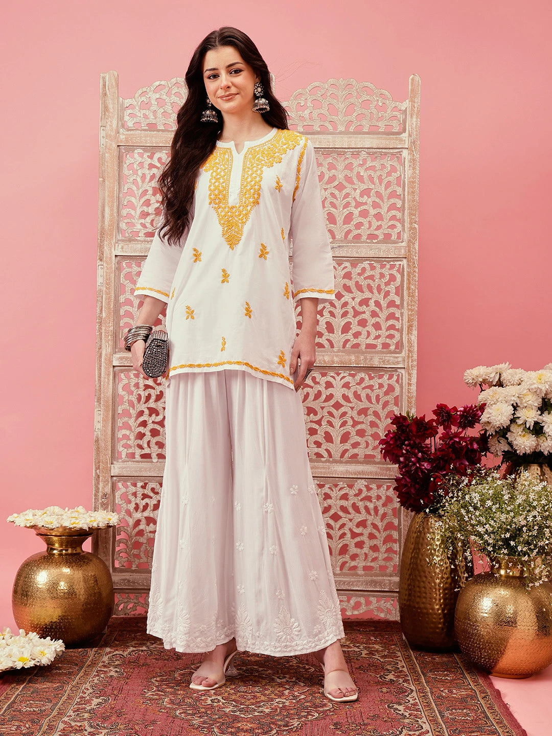 Ada Hand Embroidered White Rayon Lucknowi Chikankari Palazzo A711195
