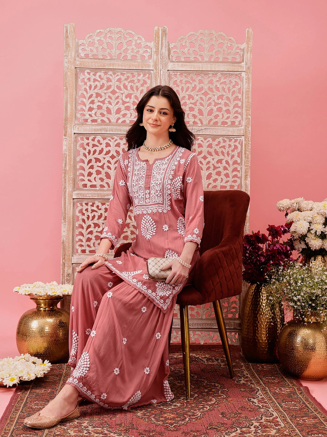 Ada Hand Embroidered Dusty Peach Modal Lucknowi Chikankari Garara Set A811316