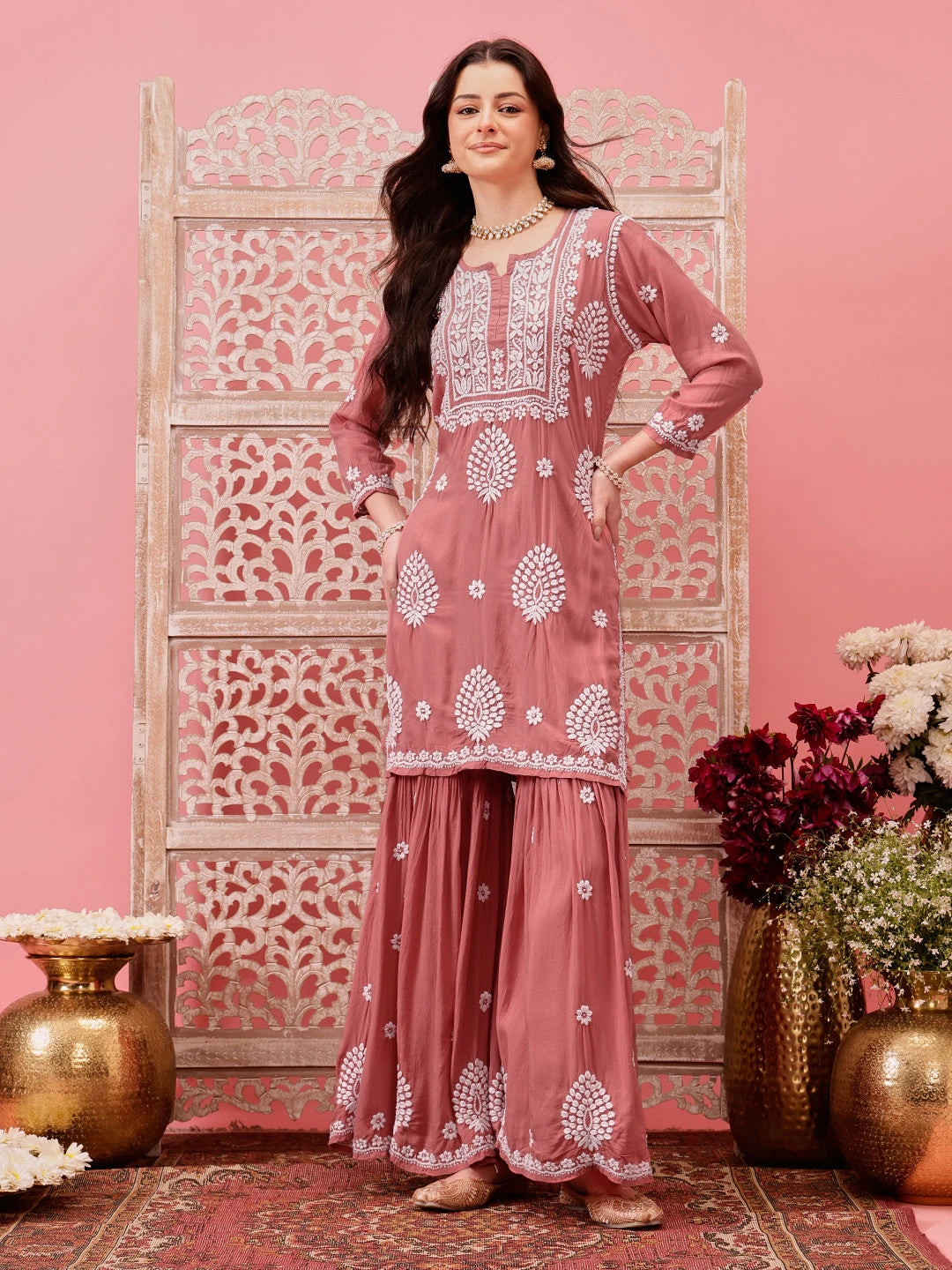 Ada Hand Embroidered Dusty Peach Modal Lucknowi Chikankari Garara Set A811316
