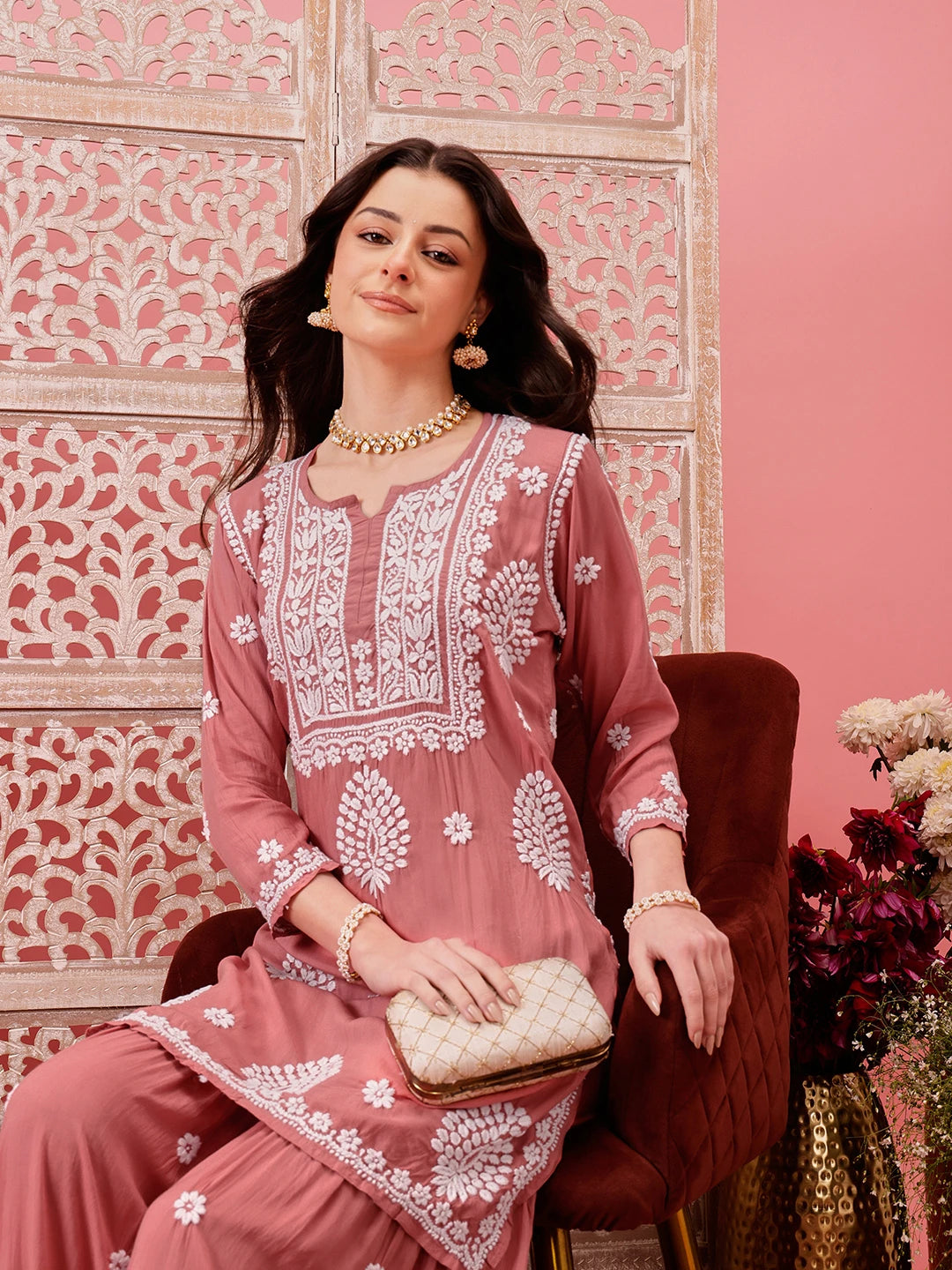 Ada Hand Embroidered Dusty Peach Modal Lucknowi Chikankari Garara Set A811316
