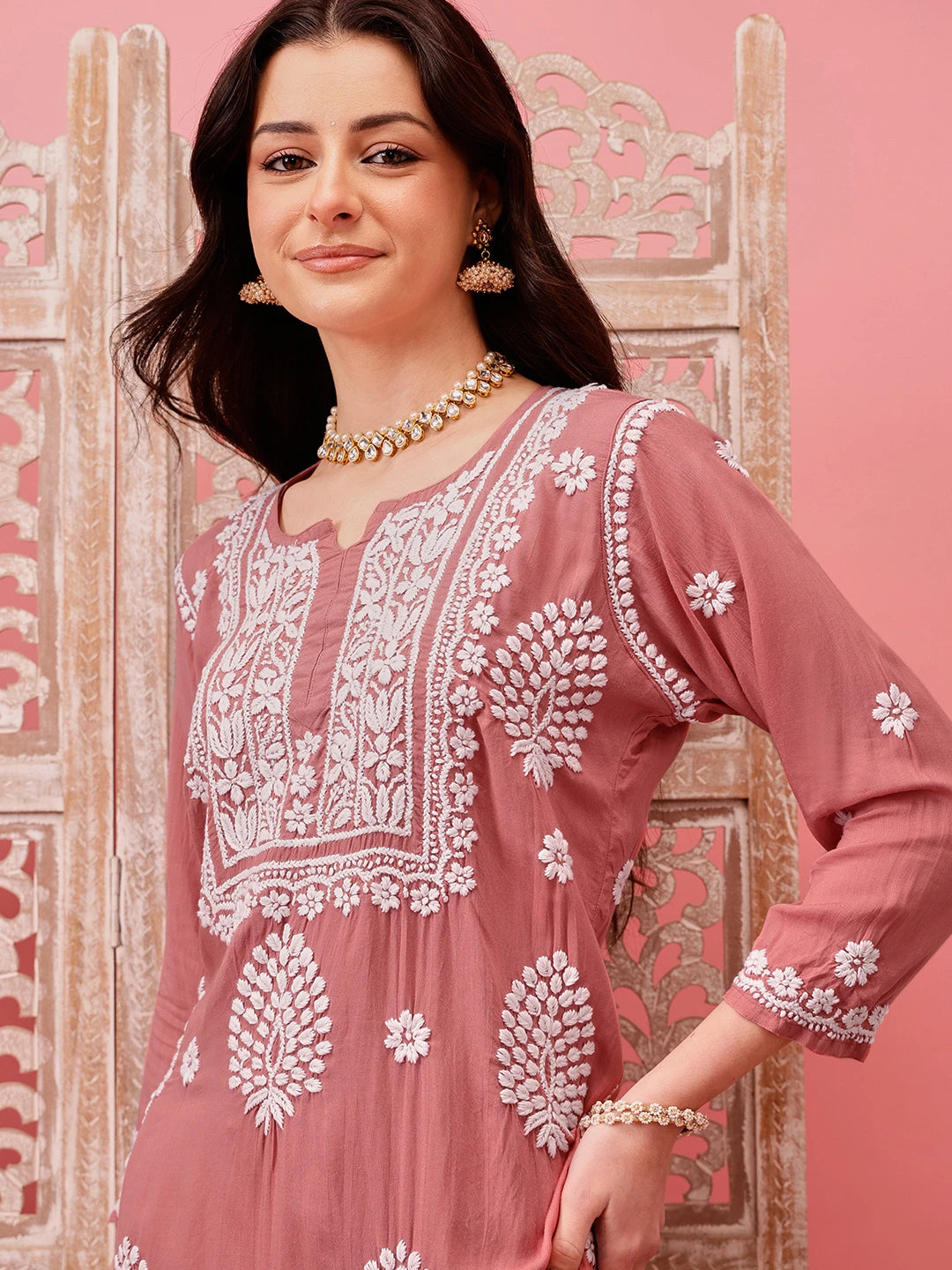Ada Hand Embroidered Dusty Peach Modal Lucknowi Chikankari Garara Set A811316