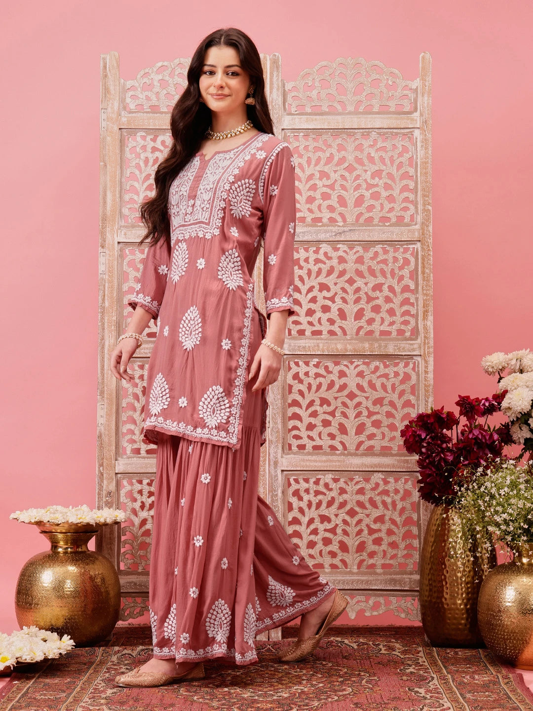Ada Hand Embroidered Dusty Peach Modal Lucknowi Chikankari Garara Set A811316