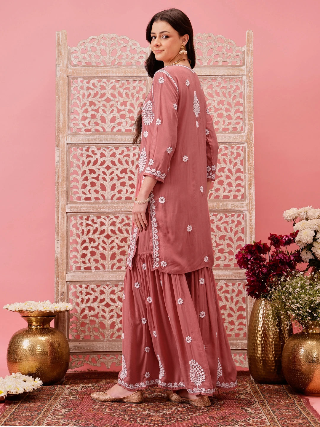 Ada Hand Embroidered Dusty Peach Modal Lucknowi Chikankari Garara Set A811316