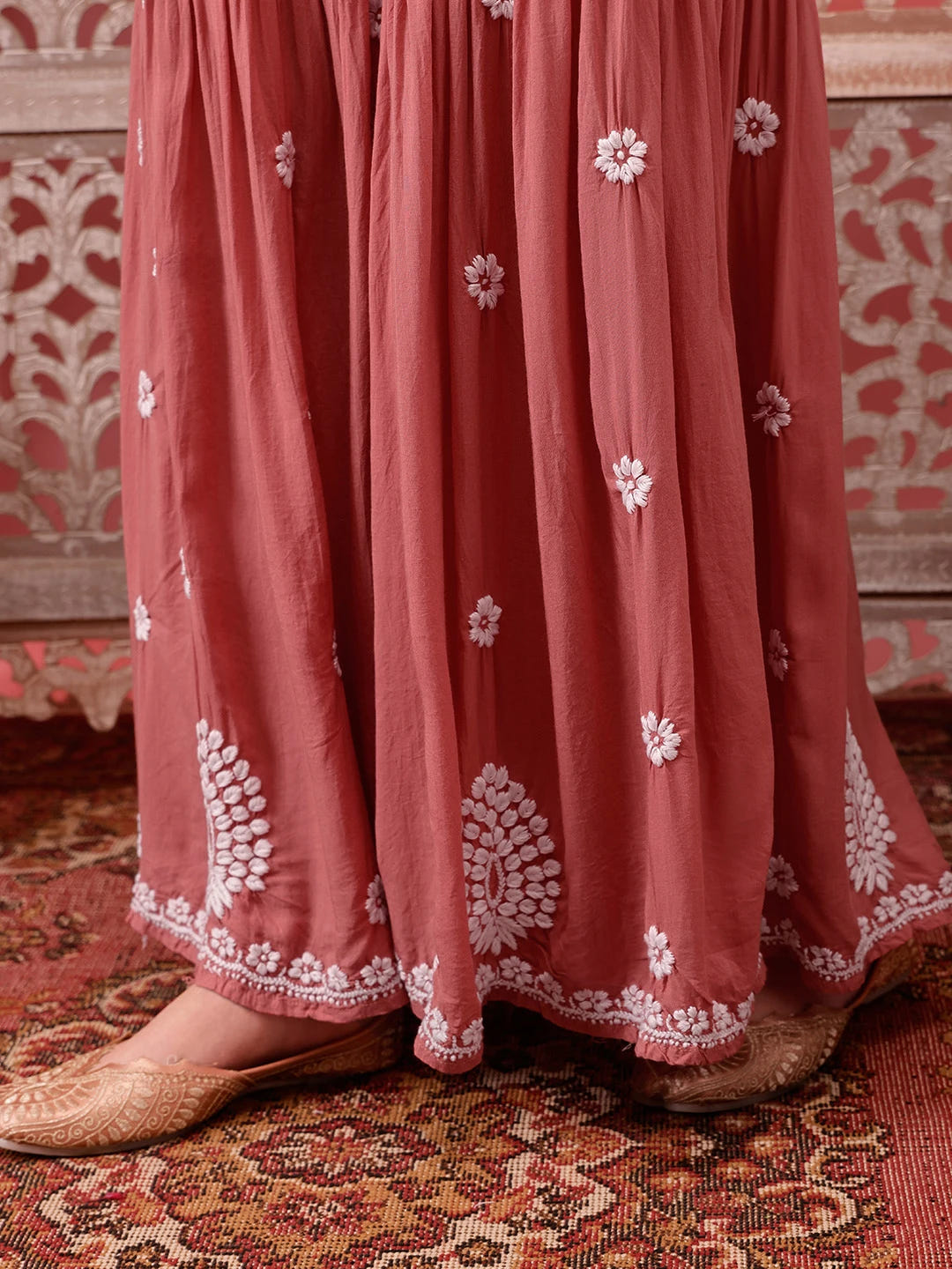 Ada Hand Embroidered Dusty Peach Modal Lucknowi Chikankari Garara Set A811316