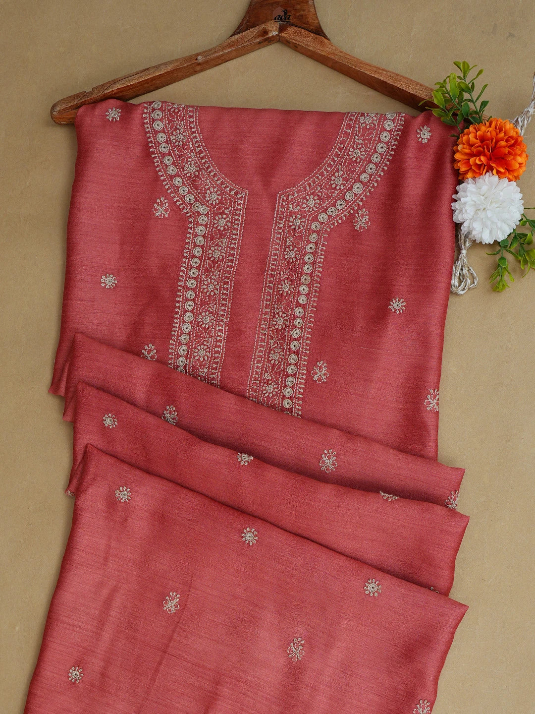 Ada Hand Embroidered Rust Moonga Silk Lucknowi Chikankari Unstitched Men's Kurta Piece 01A743016