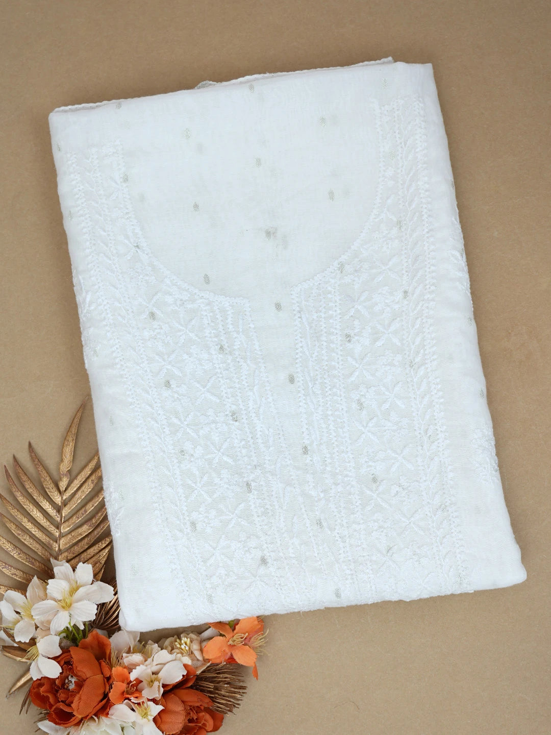 Ada Hand Embroidered White Chanderi Lucknowi Chikankari Unstitched Kurta Piece With Zari Work 01A344389