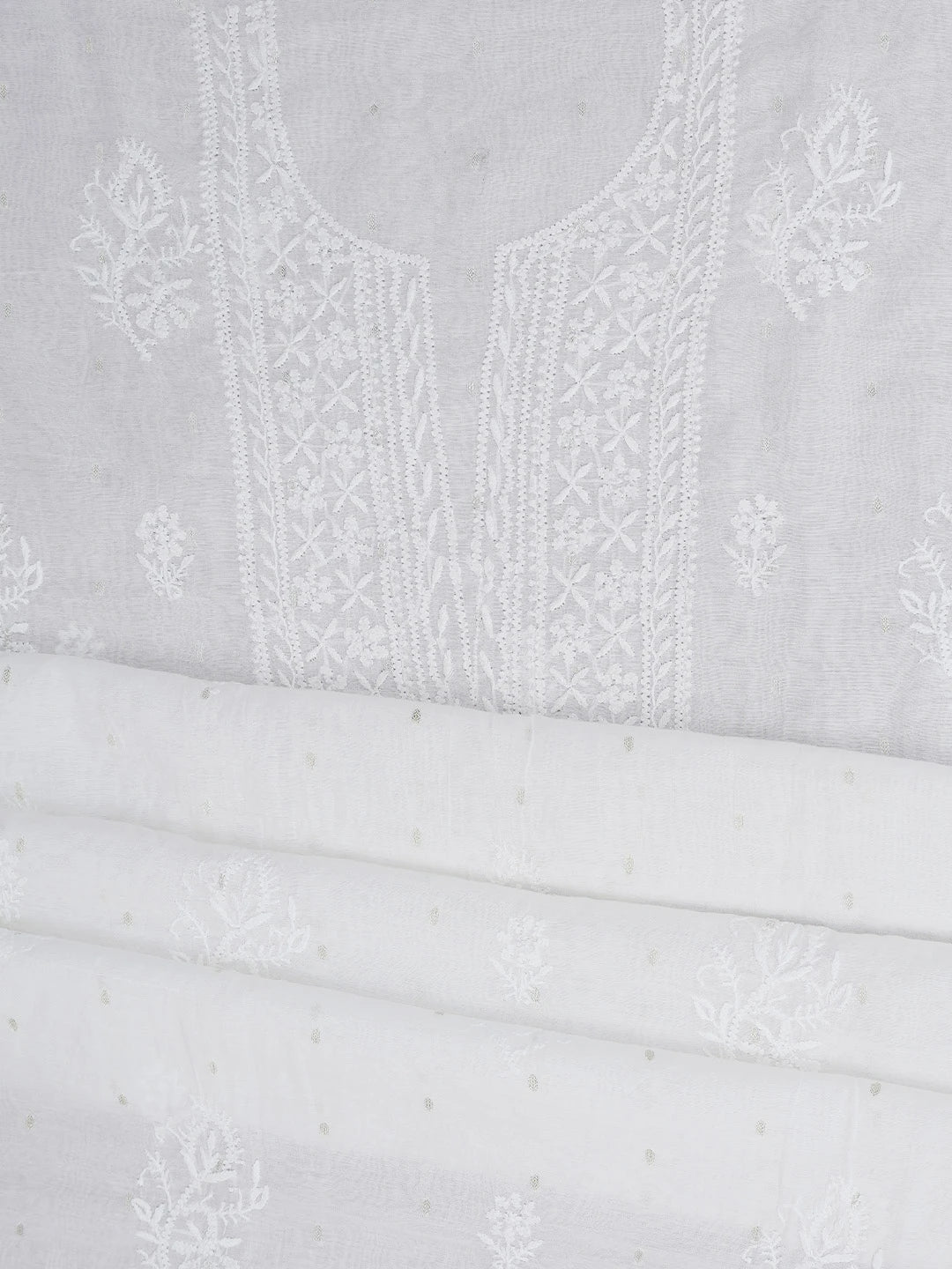 Ada Hand Embroidered White Chanderi Lucknowi Chikankari Unstitched Kurta Piece With Zari Work 01A344389