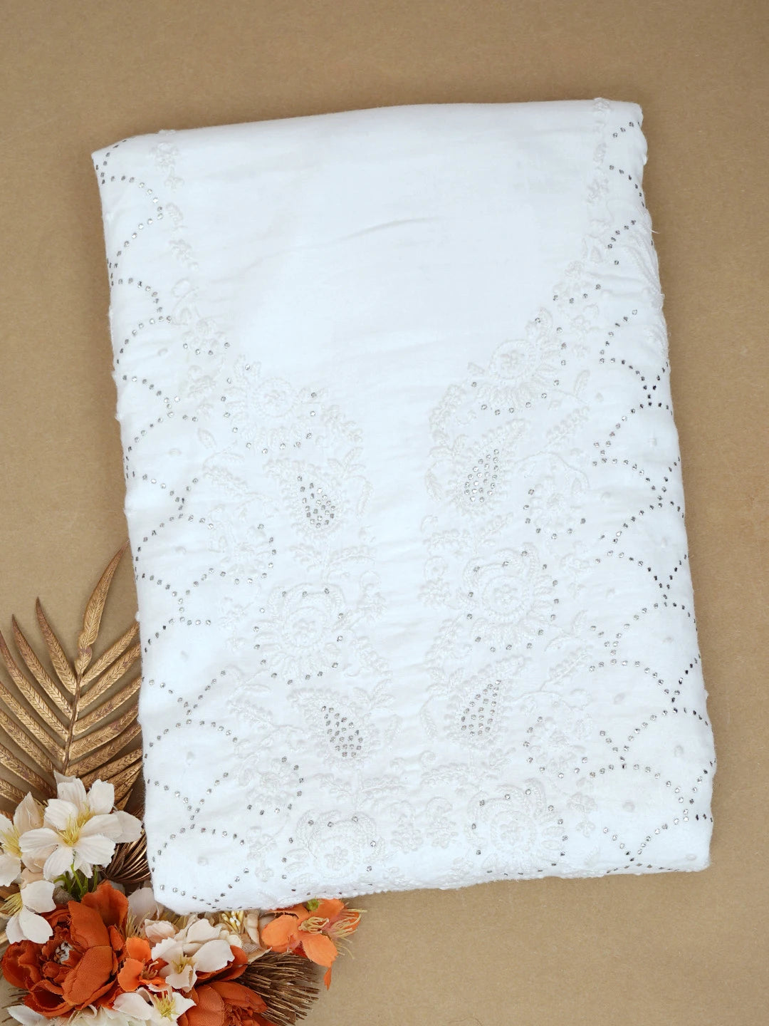 Ada Hand Embroidered White Modal Lucknowi Chikankari Unstitched Kurta Piece With Mukaish Work 01A512782