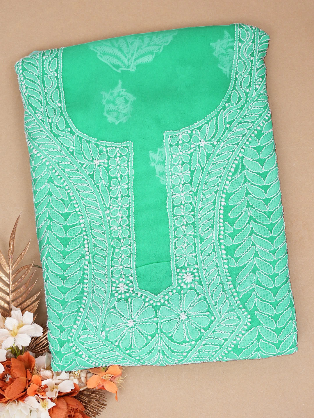 Ada Hand Embroidered Bright Sea Green Georgette Lucknowi Chikankari Unstitched Kurta Piece 01A445313