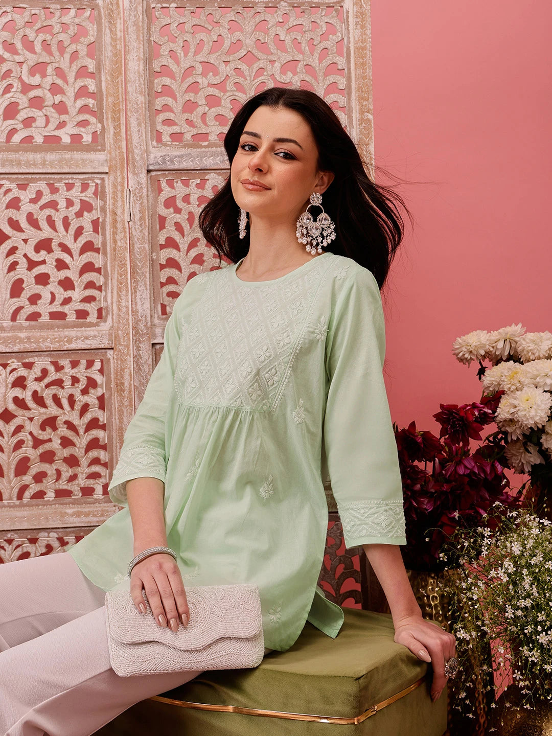 Ada Hand Embroidered Green Cotton Lucknowi Chikankari Short Kurti A911485