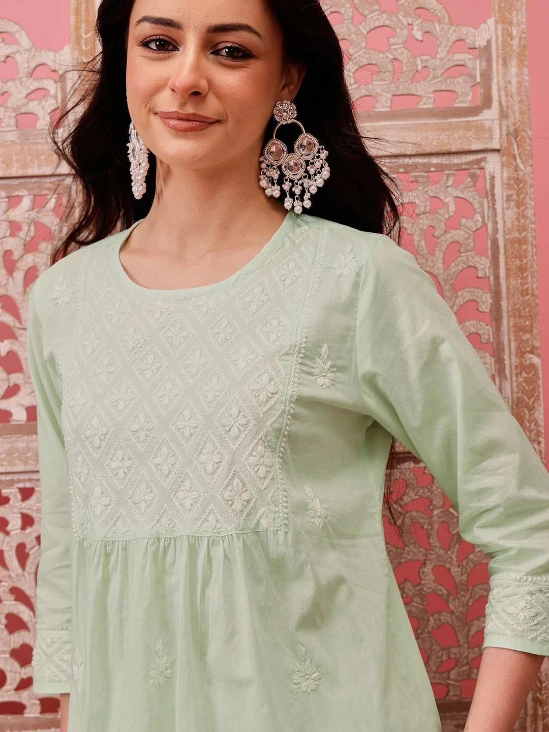 Ada Hand Embroidered Green Cotton Lucknowi Chikankari Short Kurti A911485