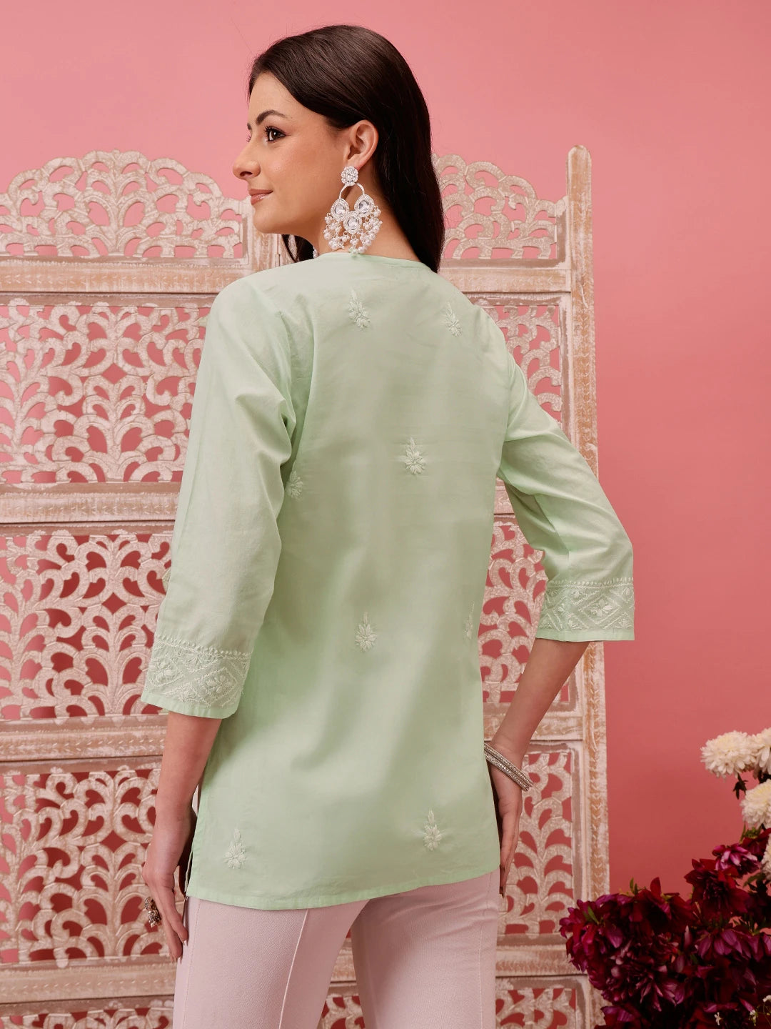 Ada Hand Embroidered Green Cotton Lucknowi Chikankari Short Kurti A911485