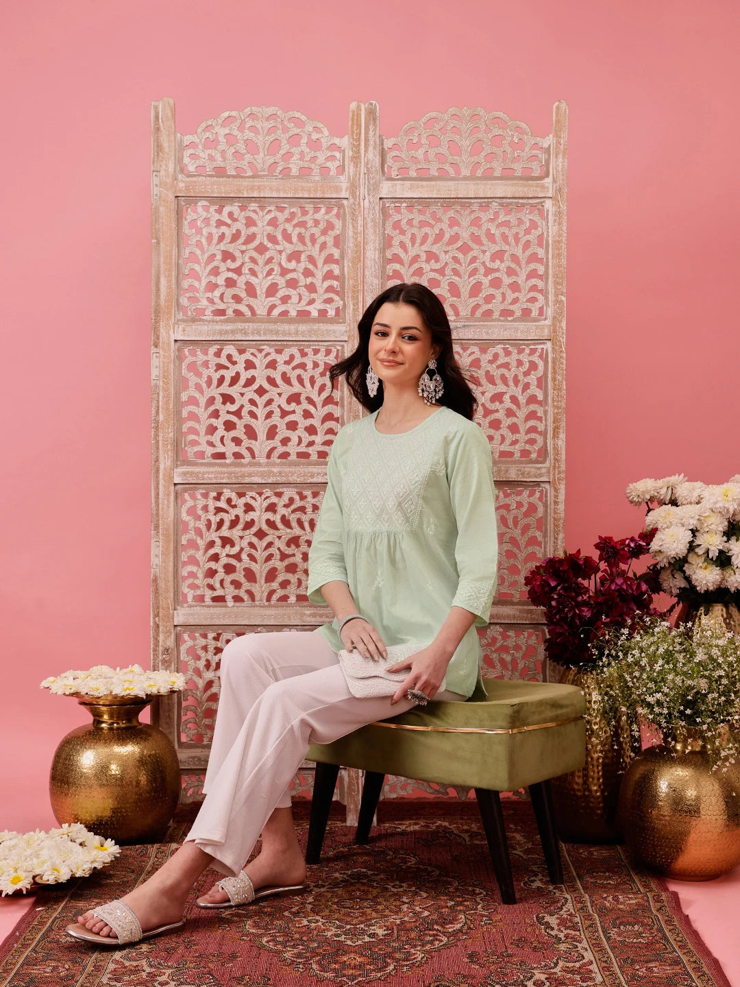 Ada Hand Embroidered Green Cotton Lucknowi Chikankari Short Kurti A911485