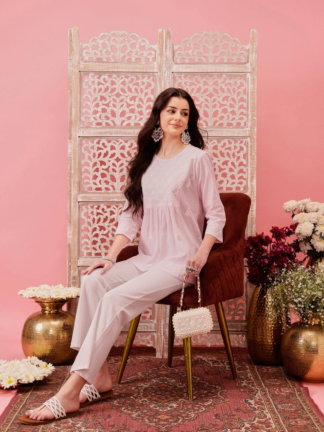 Ada Hand Embroidered Baby Pink Cotton Lucknowi Chikankari Short Kurti A911486