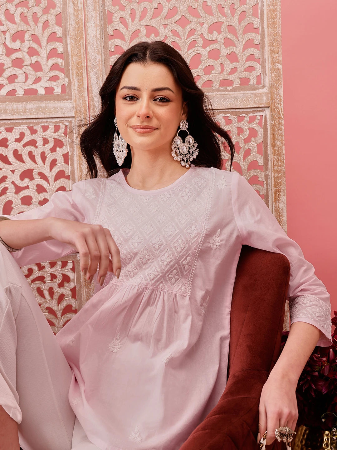 Ada Hand Embroidered Baby Pink Cotton Lucknowi Chikankari Short Kurti A911486