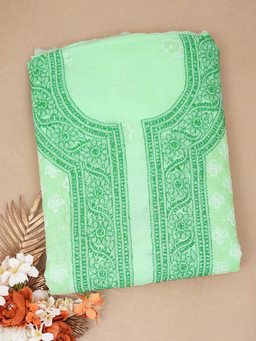 Ada Hand Embroidered Sea Green Cotton Lucknowi Chikankari Unstitched Kurta Piece 01A631154
