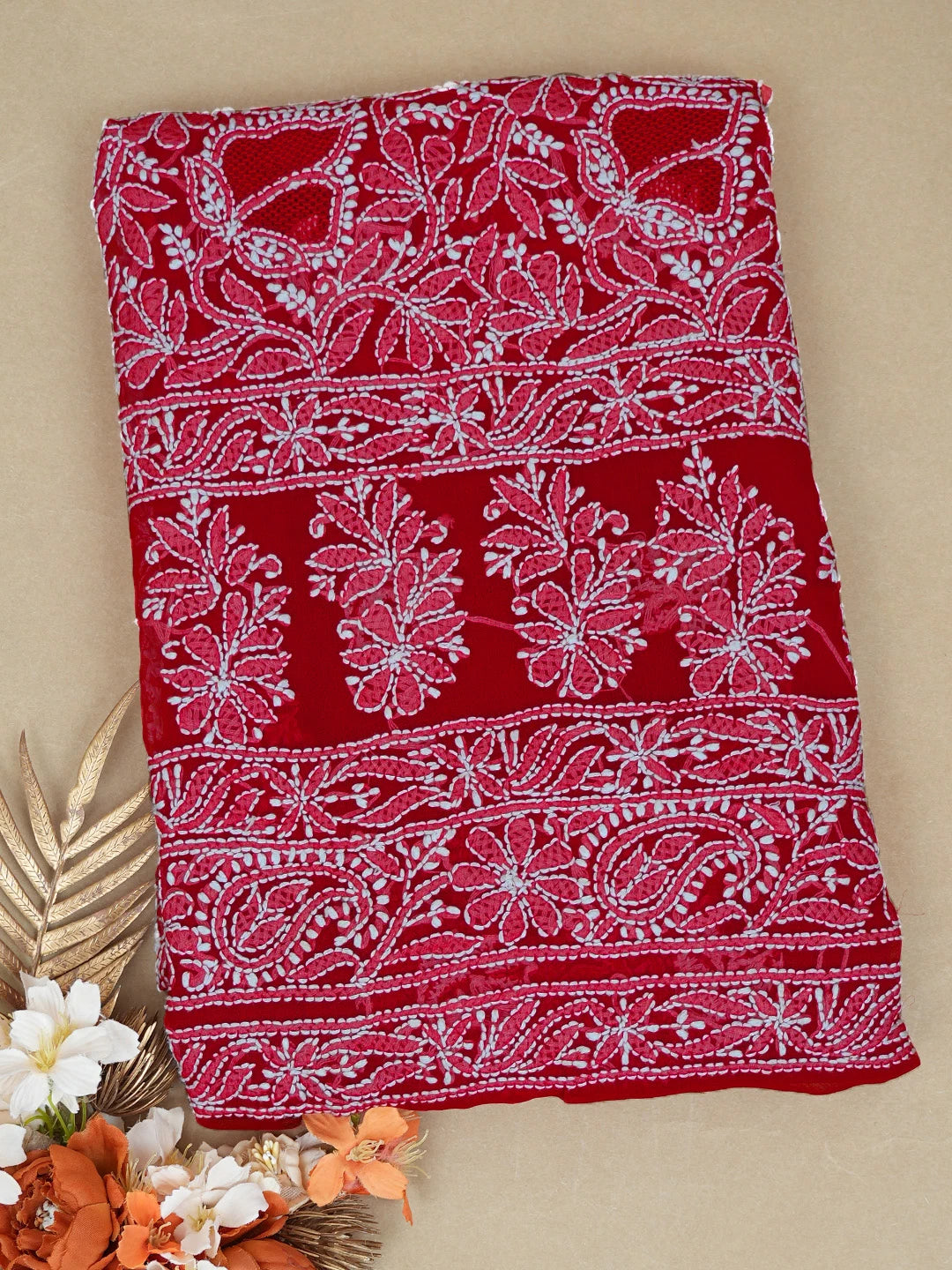 Ada Hand Embroidered Red Georgette Lucknowi Chikankari Unstitched Kurta Piece 01A736942