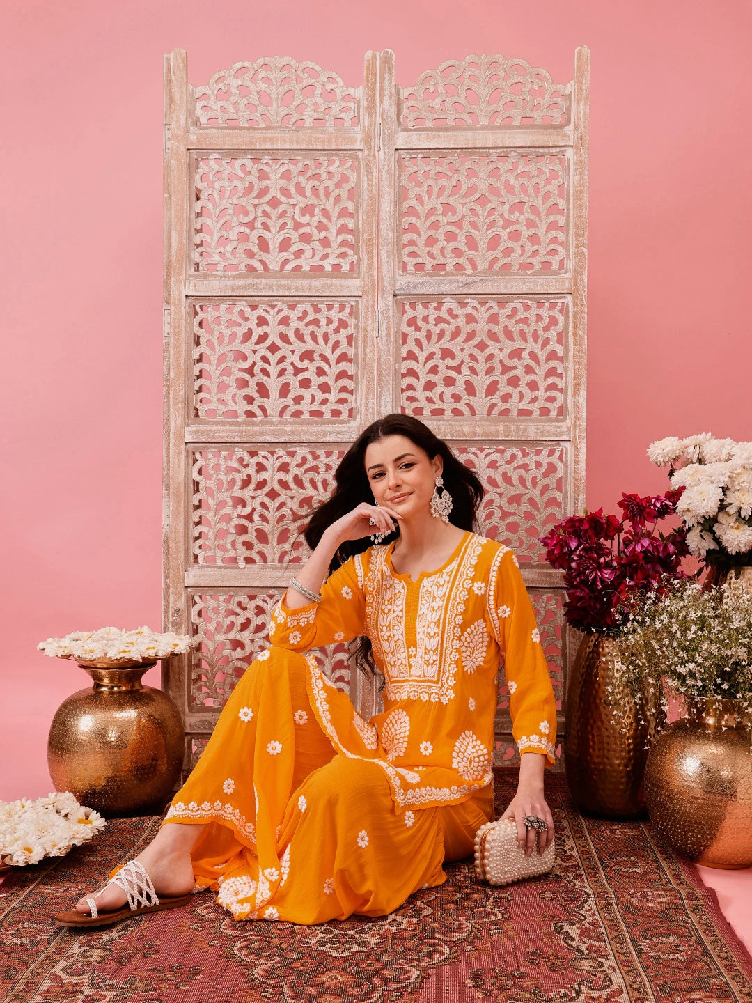Ada Hand Embroidered Yellow Modal Lucknowi Chikankari Garara Set A811317