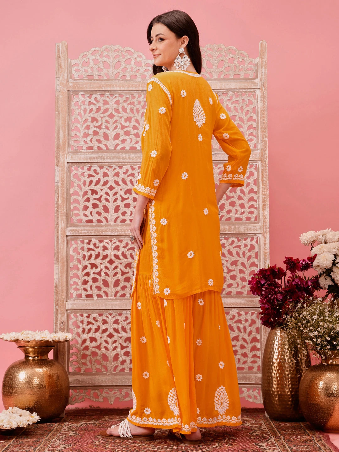 Ada Hand Embroidered Yellow Modal Lucknowi Chikankari Garara Set A811317