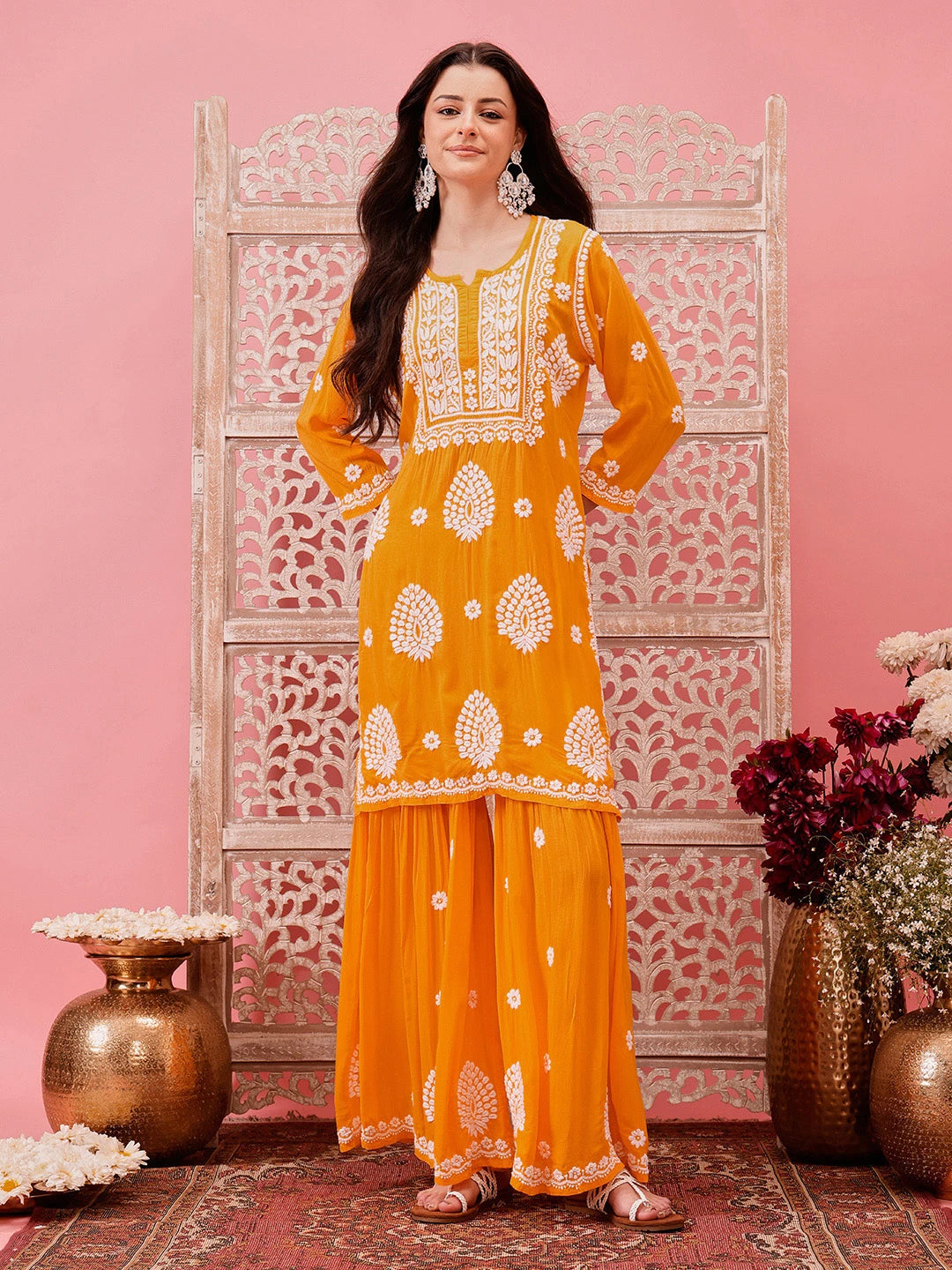 Ada Hand Embroidered Yellow Modal Lucknowi Chikankari Garara Set A811317