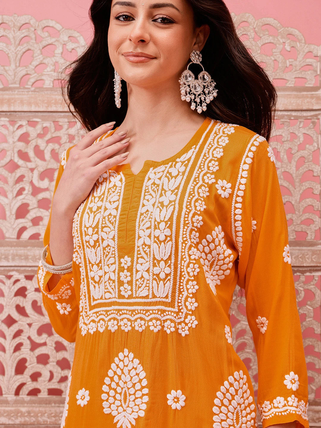 Ada Hand Embroidered Yellow Modal Lucknowi Chikankari Garara Set A811317