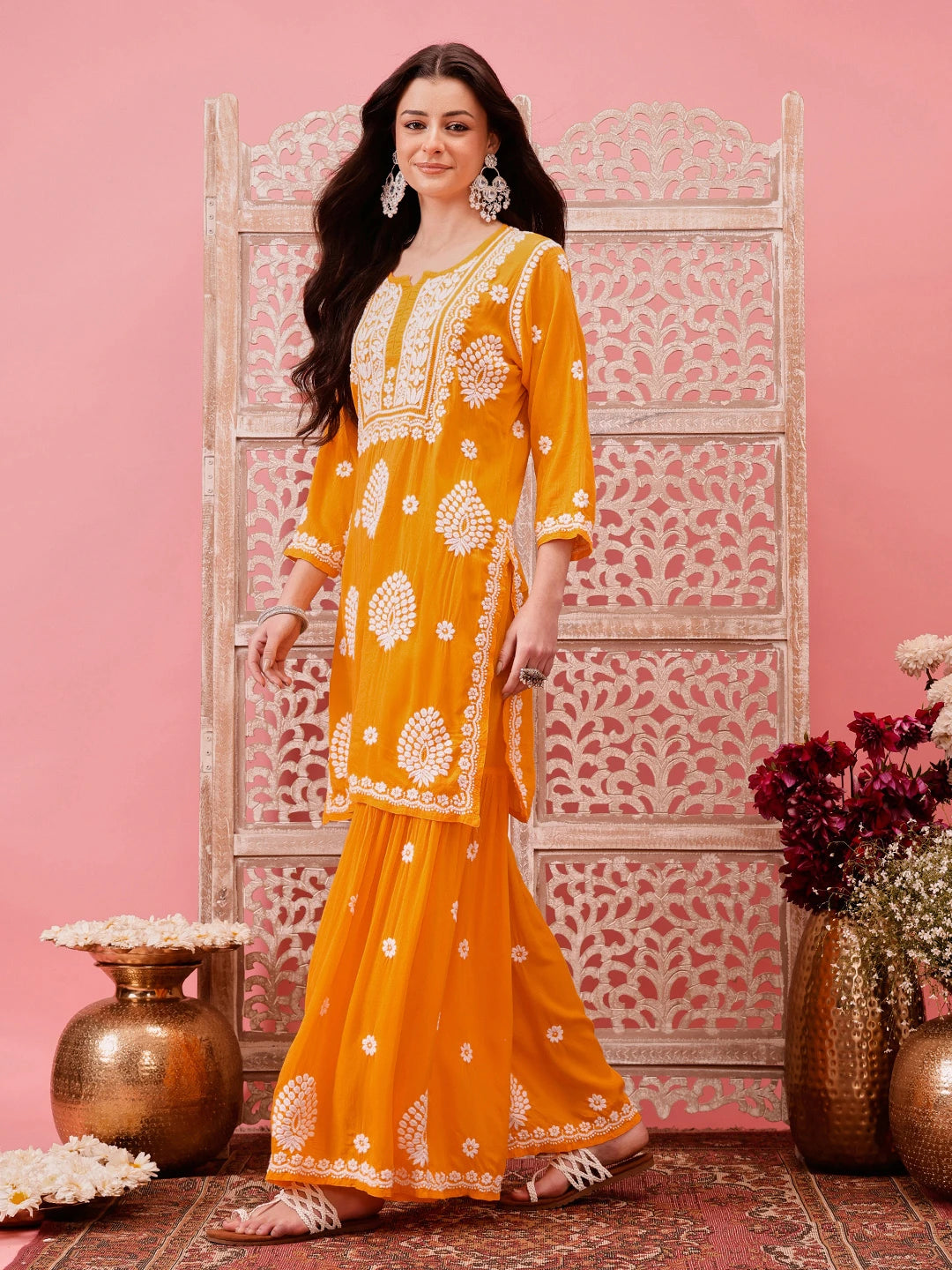 Ada Hand Embroidered Yellow Modal Lucknowi Chikankari Garara Set A811317