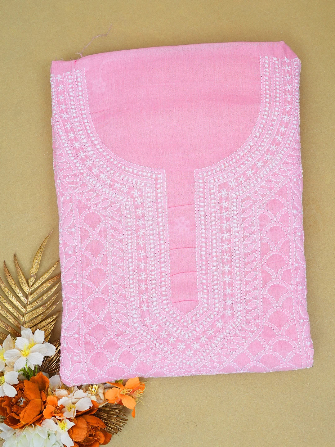 Ada Hand Embroidered Baby Pink Cotton Lucknowi Chikankari Unstitched Kurta Piece 01A724510