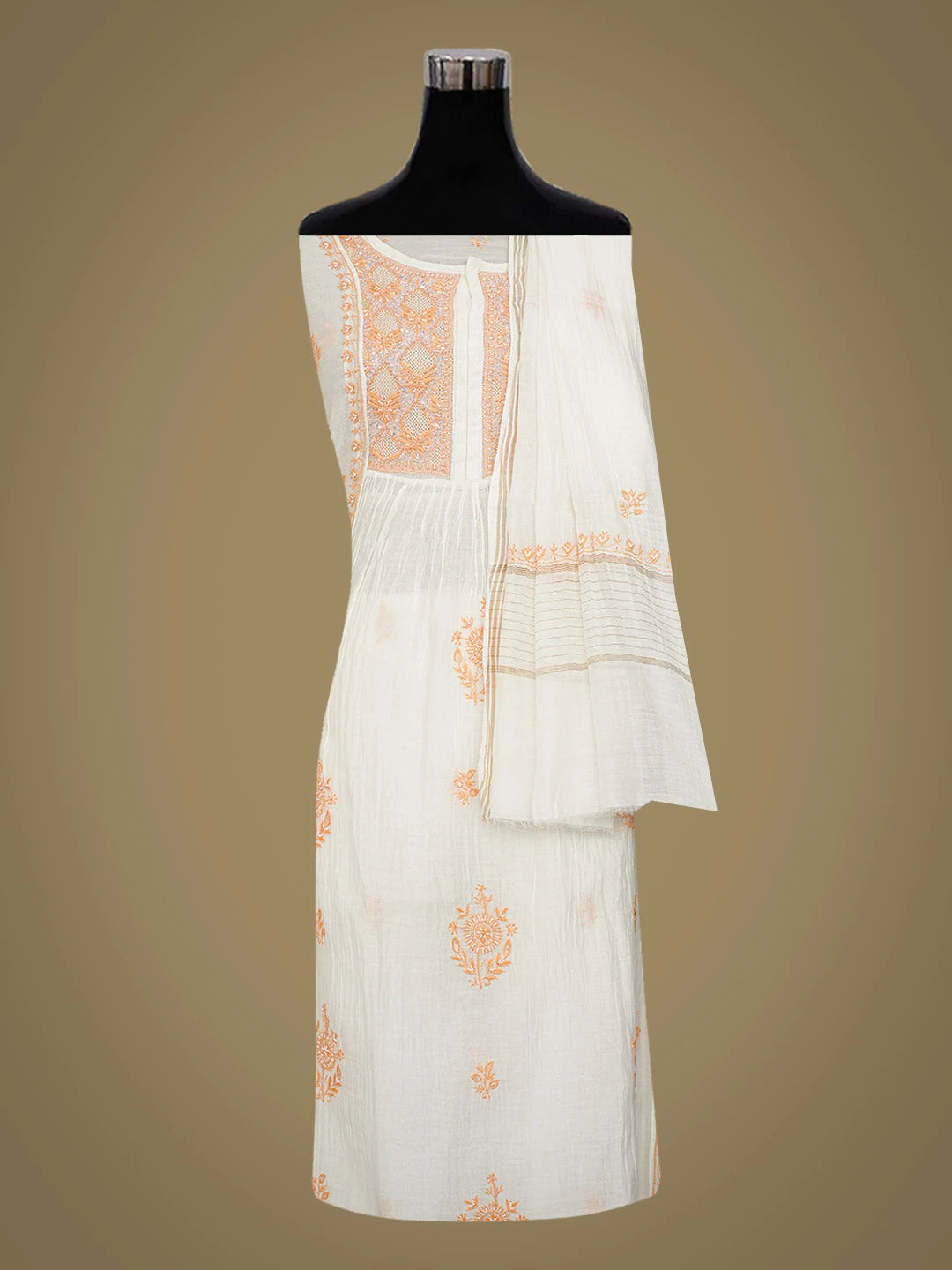 Ada Hand Embroidered Off White Chanderi Lucknowi Chikankari Semi-stitched Kurta Dupatta Set With Cutdana Work 01A496733