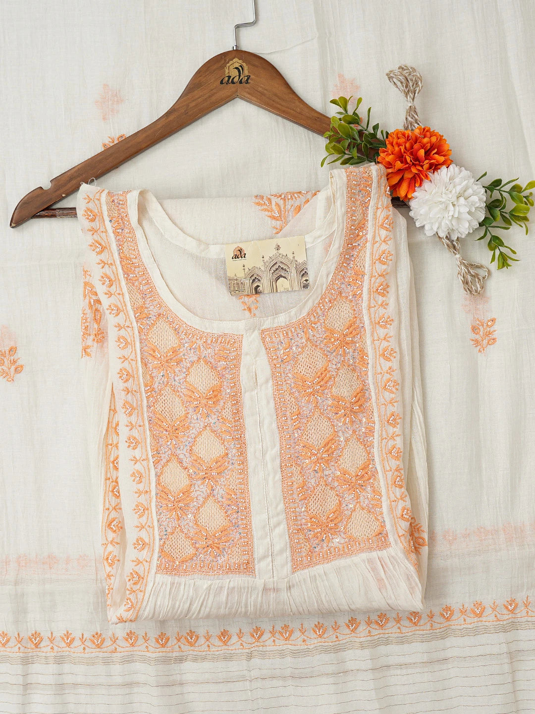 Ada Hand Embroidered Off White Chanderi Lucknowi Chikankari Semi-stitched Kurta Dupatta Set With Cutdana Work 01A496733