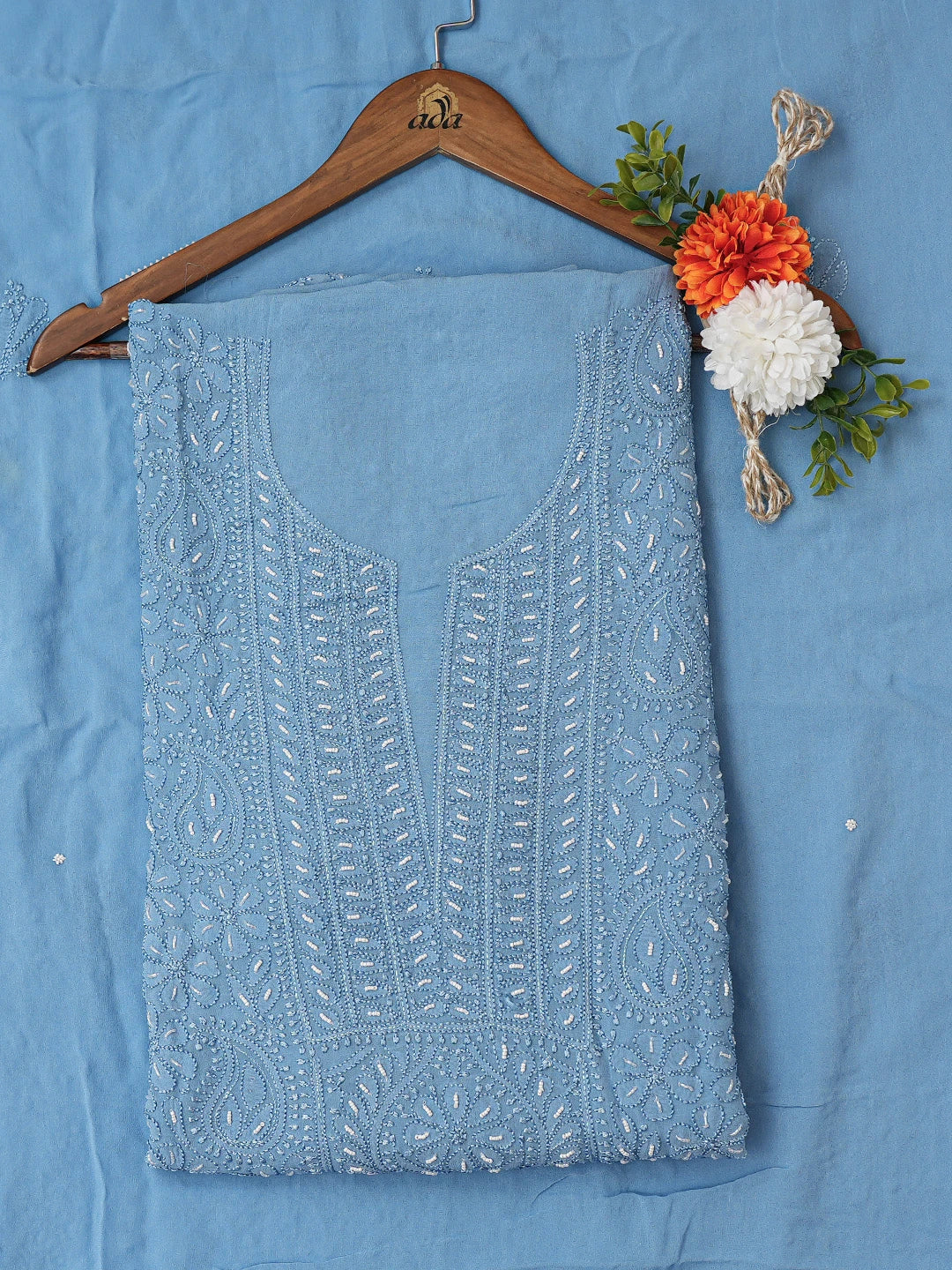 Ada Hand Embroidered Blue Viscose Georgette Lucknowi Chikankari Unstitched Kurta Dupatta Set With Cutdana Work 01A751141