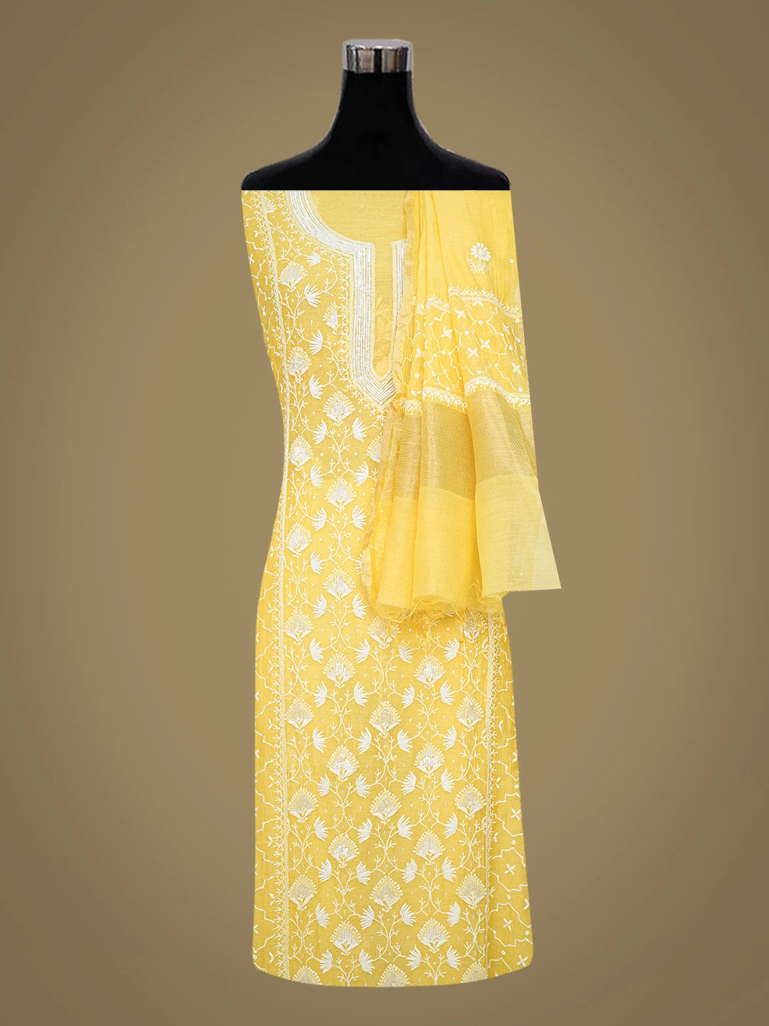 Ada Hand Embroidered Yellow Chanderi Lucknowi Chikankari Semi-stitched Kurta Dupatta Set With Cutdana Work 01A744552