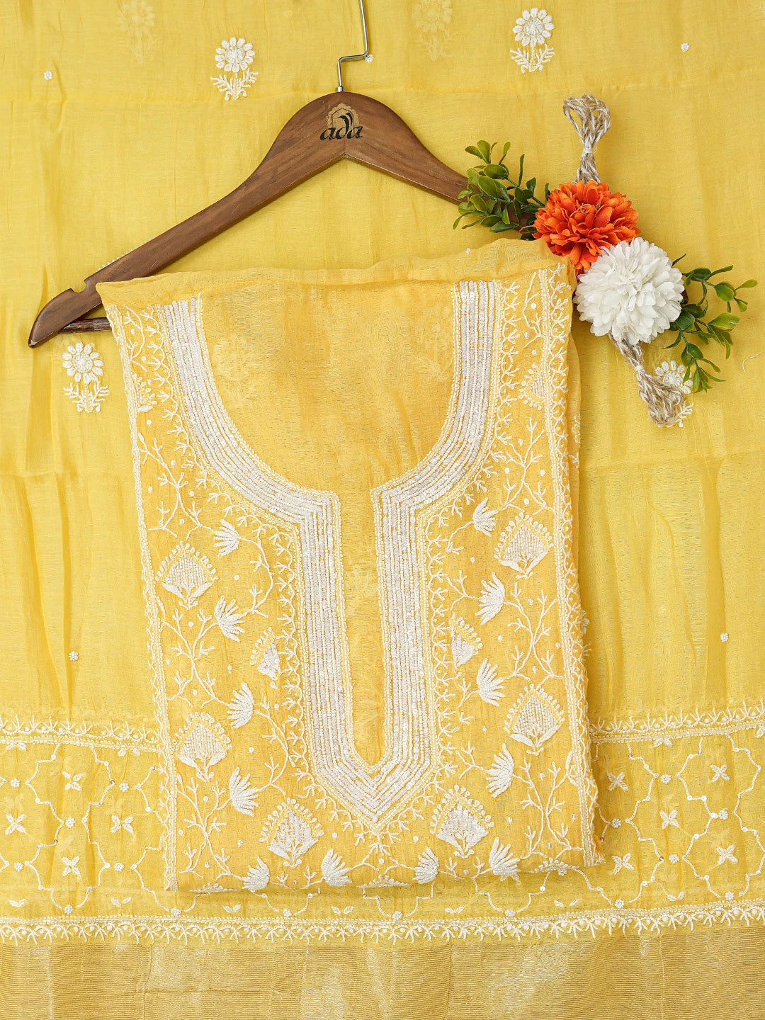 Ada Hand Embroidered Yellow Chanderi Lucknowi Chikankari Semi-stitched Kurta Dupatta Set With Cutdana Work 01A744552