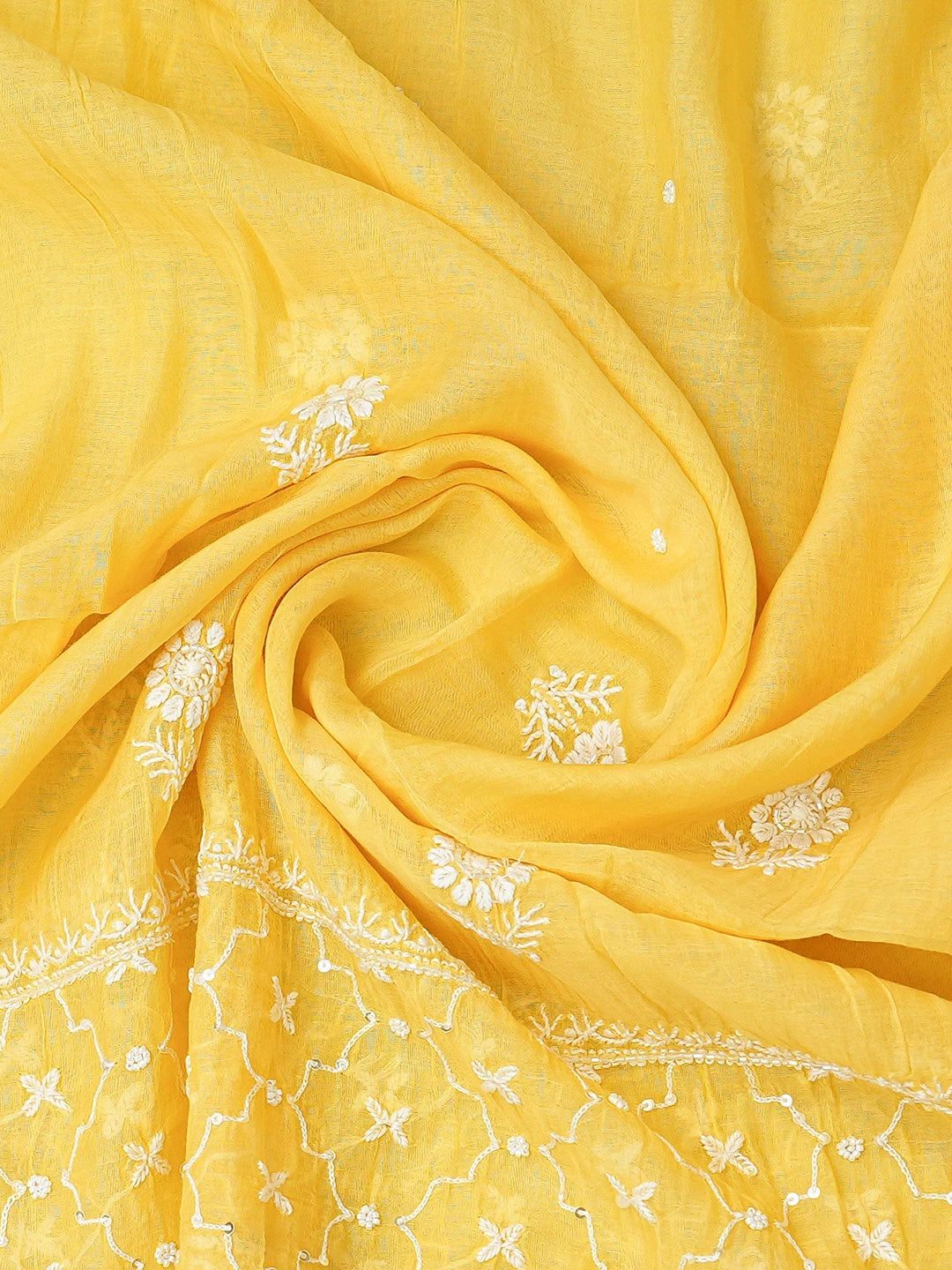 Ada Hand Embroidered Yellow Chanderi Lucknowi Chikankari Semi-stitched Kurta Dupatta Set With Cutdana Work 01A744552