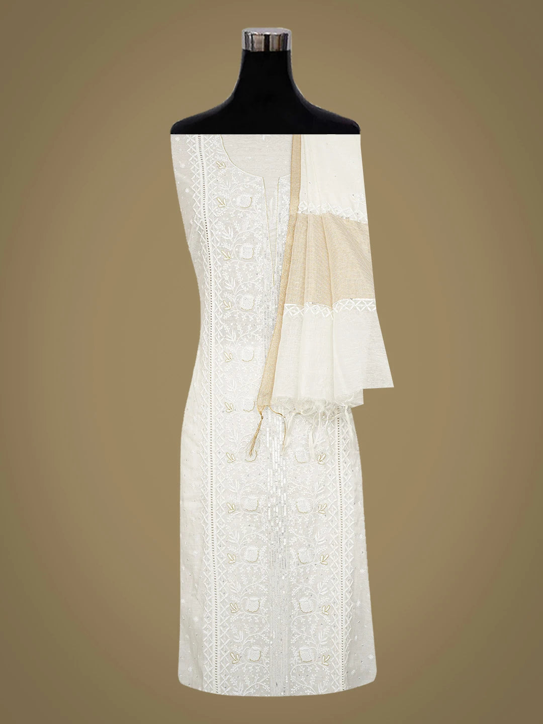 Ada Hand Embroidered Smoke White Chanderi Lucknowi Chikankari Semi-stitched Kurta Dupatta Set With Pearl Work 01A712658