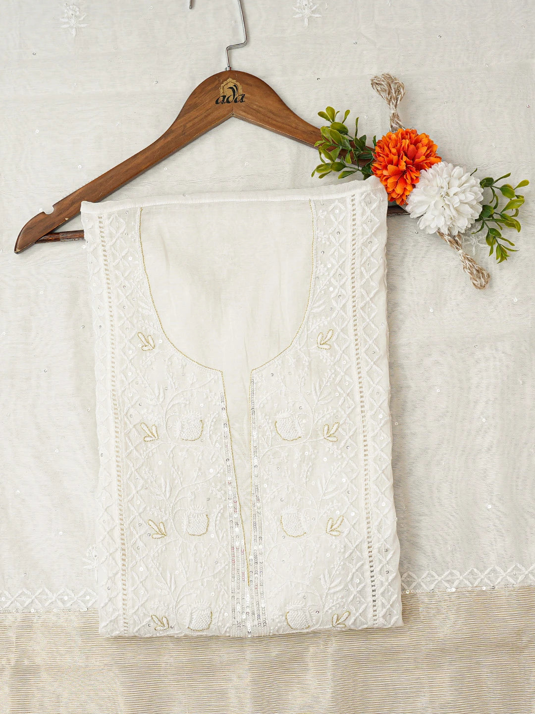 Ada Hand Embroidered Smoke White Chanderi Lucknowi Chikankari Semi-stitched Kurta Dupatta Set With Pearl Work 01A712658